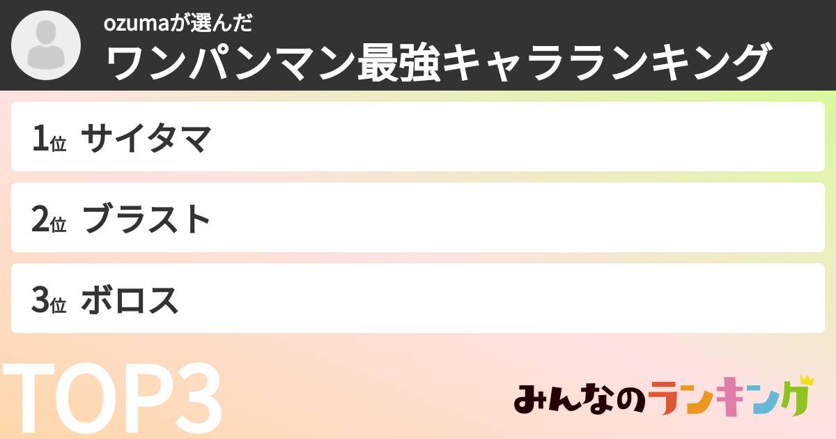 ozumaさんの「ワンパンマン最強キャラランキング」