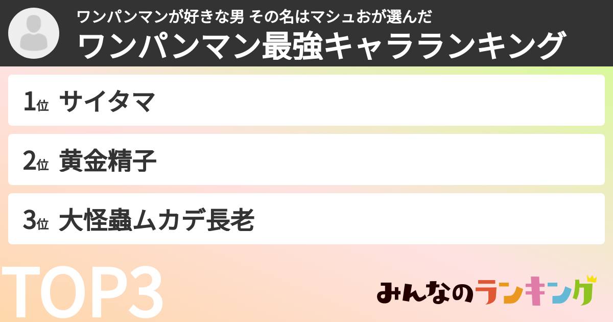ワンパンマンが好きな男 その名はマシュおさんの「ワンパンマン最強キャラランキング」