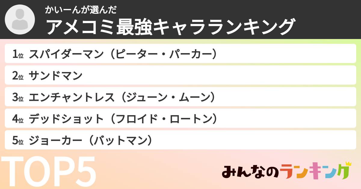 かいーんさんの「アメコミ最強キャラランキング」