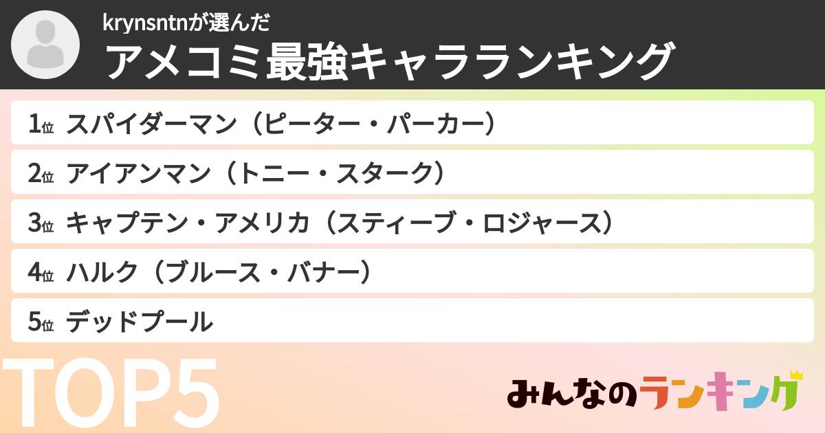 krynsntnさんの「アメコミ最強キャラランキング」