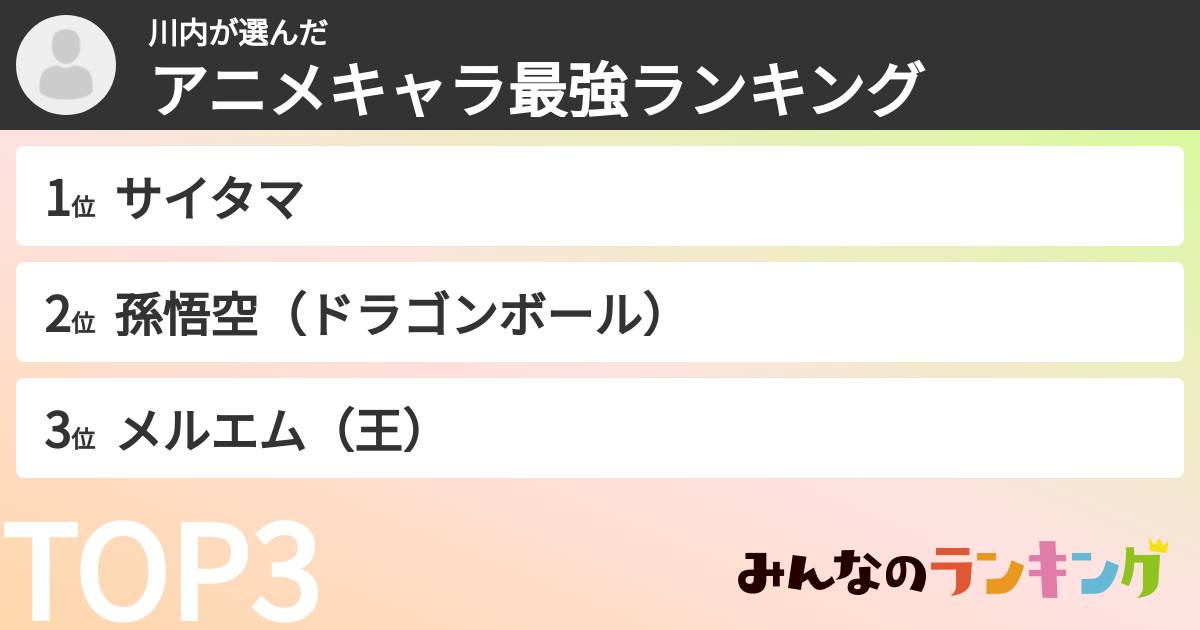 川内さんの「アニメキャラ最強ランキング」