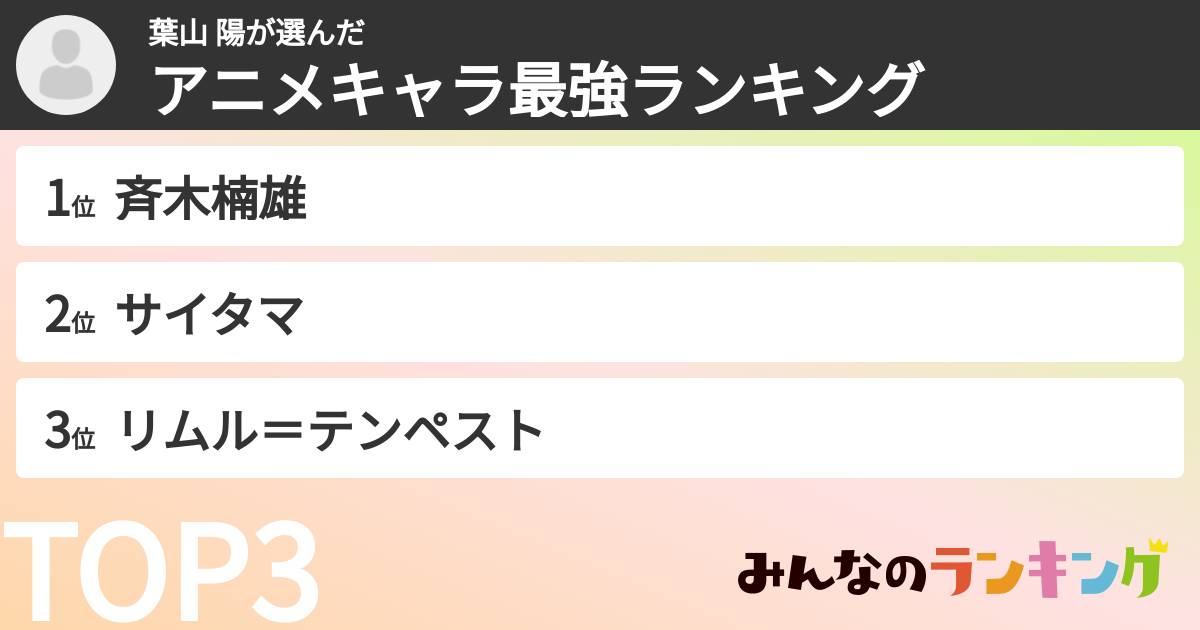 葉山  陽さんの「アニメキャラ最強ランキング」