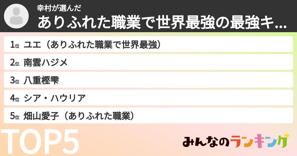 幸村さんの「ありふれた職業で世界最強の最強キャラランキング」