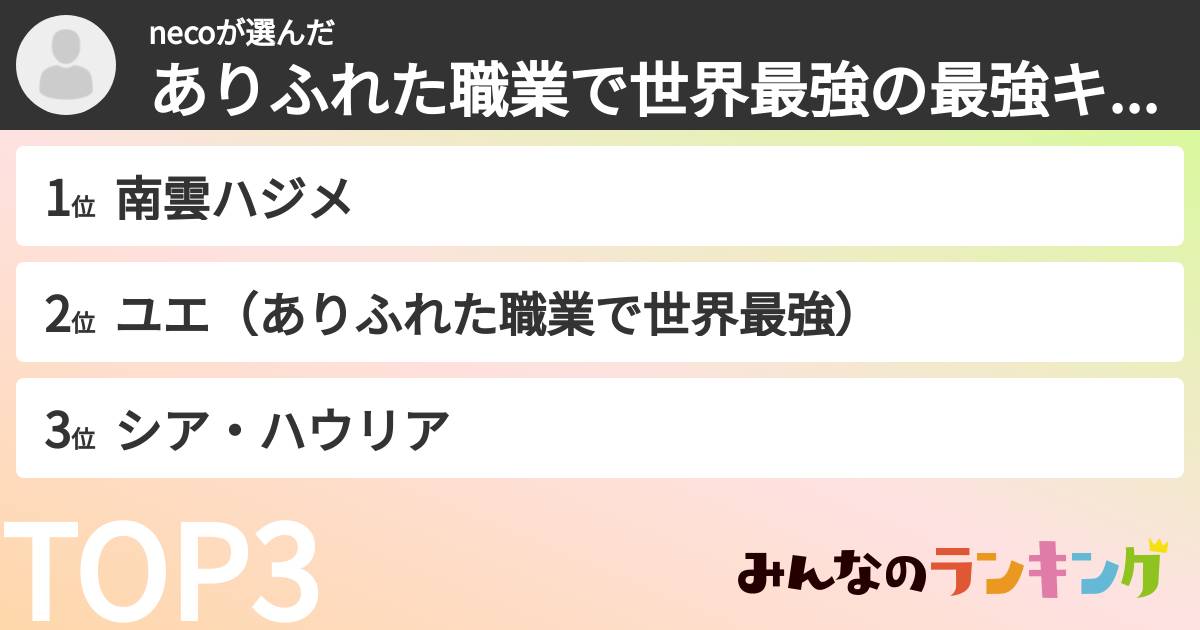 necoさんの「ありふれた職業で世界最強の最強キャラランキング」