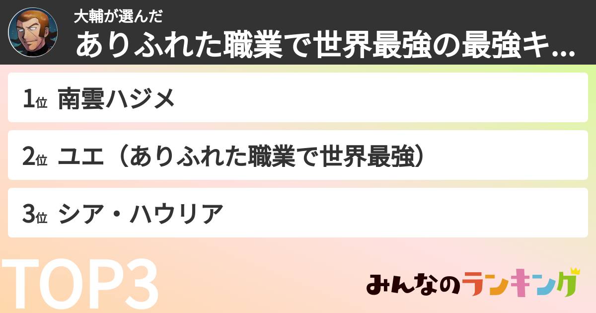 大輔さんの「ありふれた職業で世界最強の最強キャラランキング」