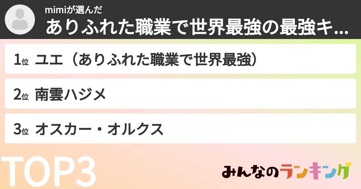 mimiさんの「ありふれた職業で世界最強の最強キャラランキング」