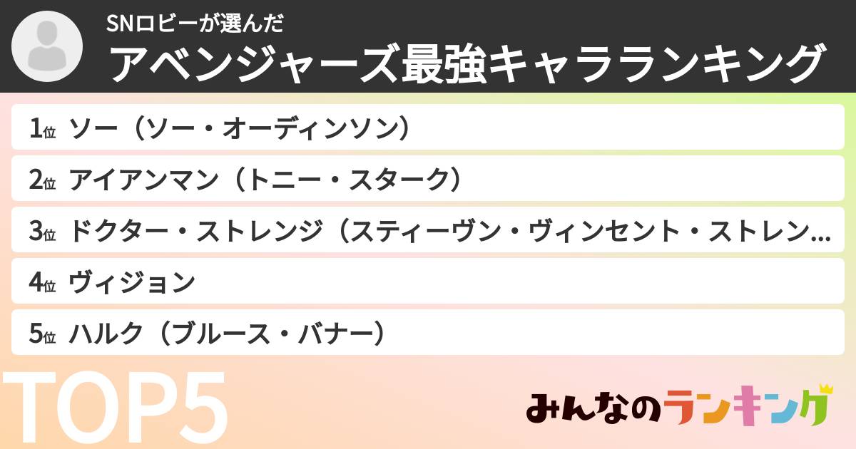 SNロビーさんの「アベンジャーズ最強キャラランキング」