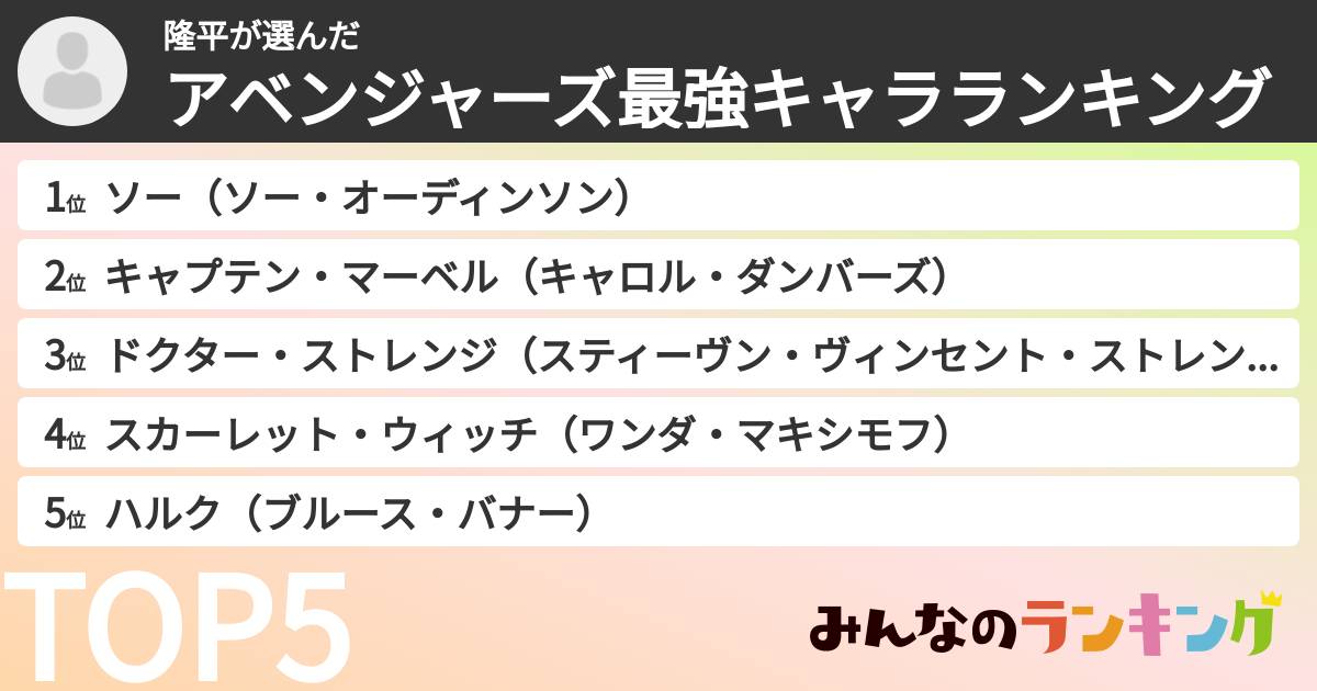 隆平さんの「アベンジャーズ最強キャラランキング」
