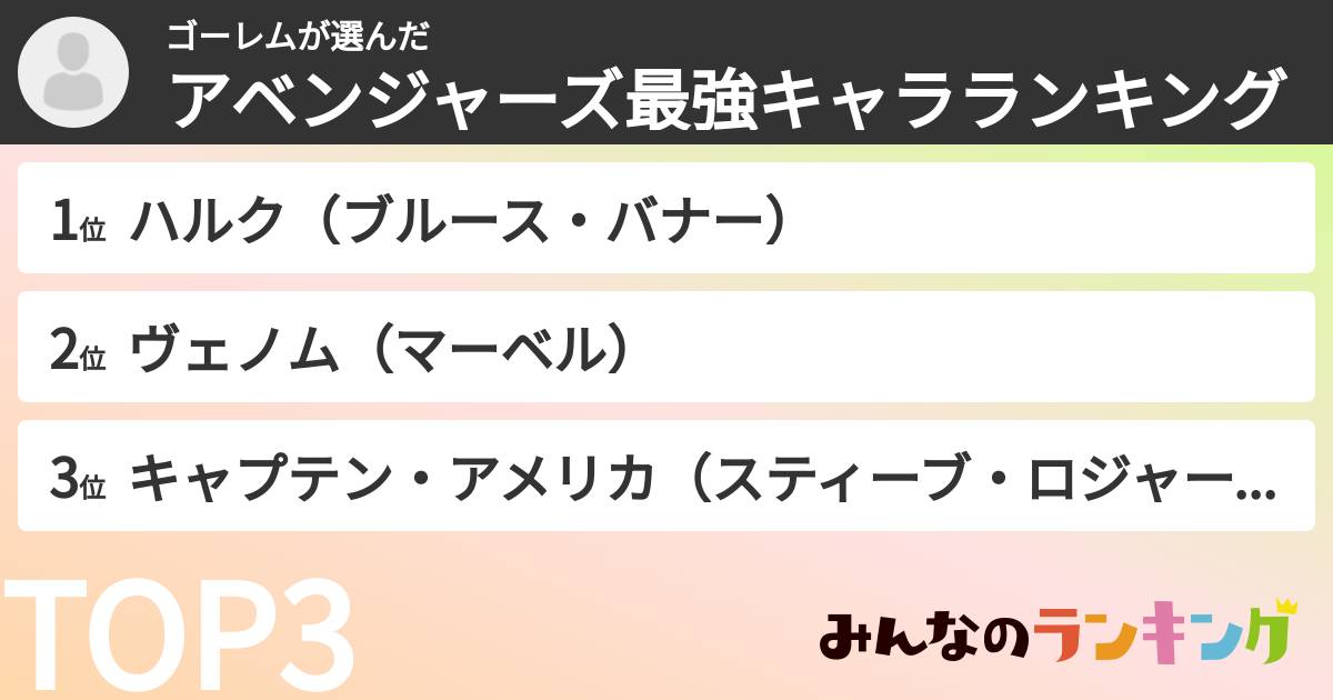 ゴーレムさんの「アベンジャーズ最強キャラランキング」