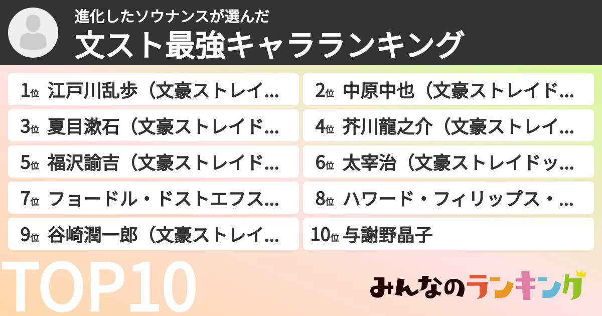 進化したソウナンスさんの「文スト最強キャラランキング」