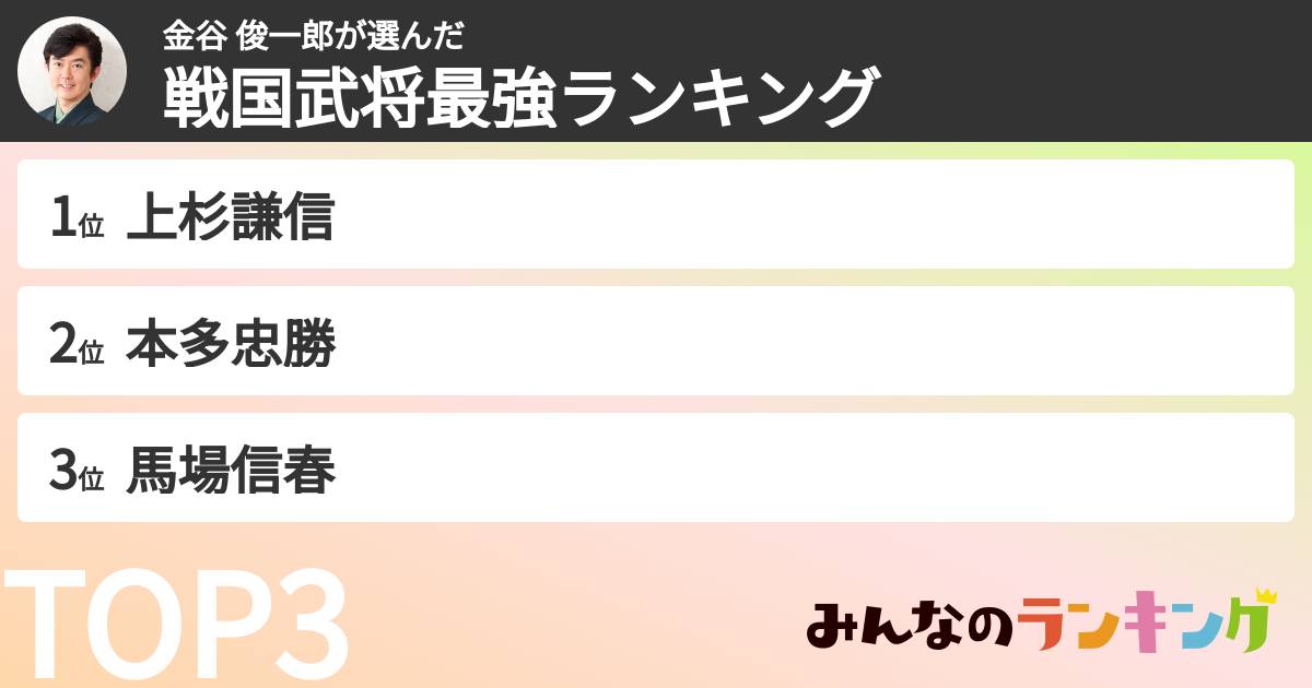 金谷 俊一郎さんの「戦国武将最強ランキング」