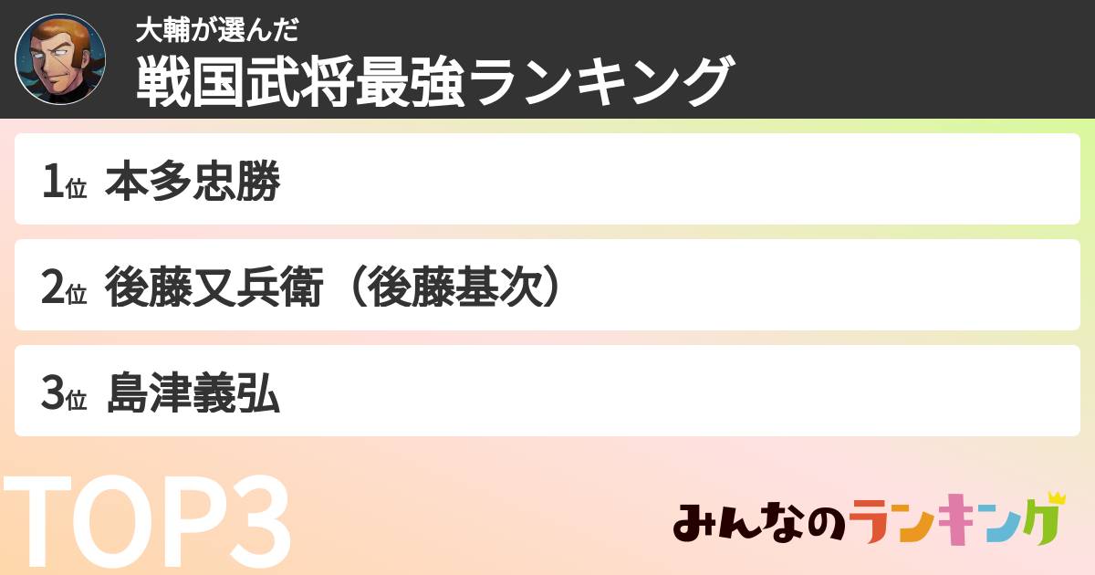 大輔さんの「戦国武将最強ランキング」