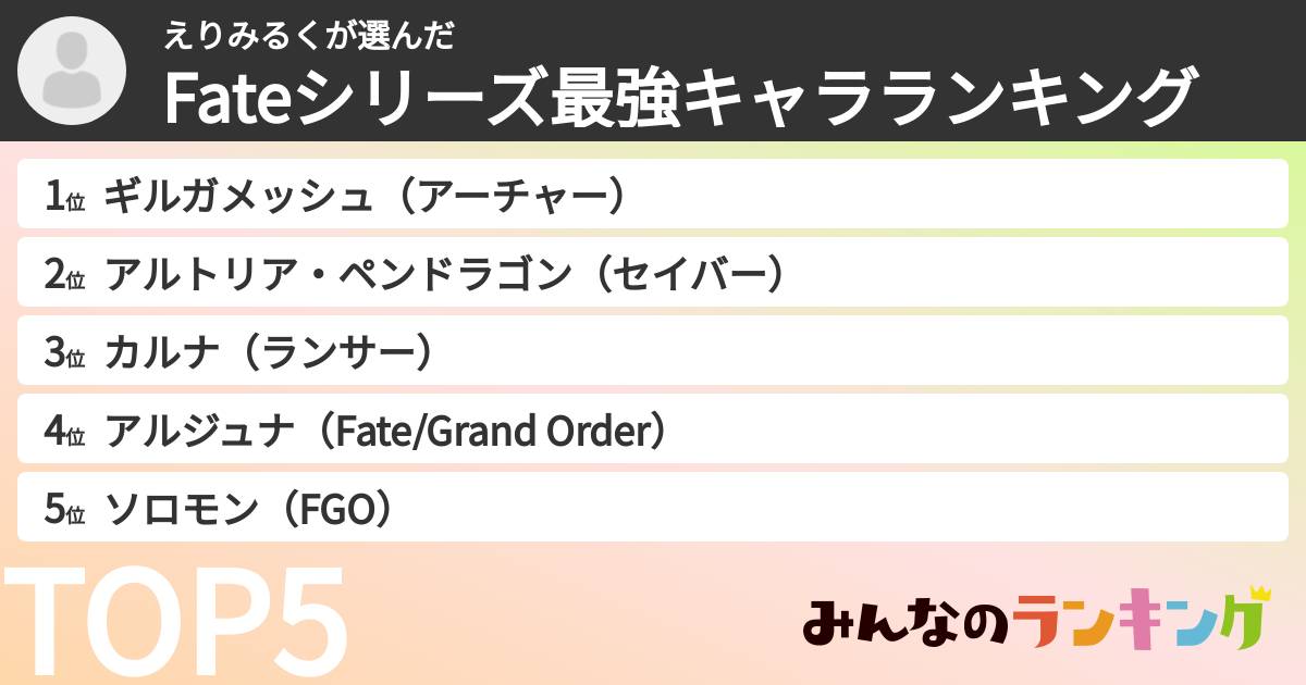 えりみるくさんの「Fateシリーズ最強キャラランキング」