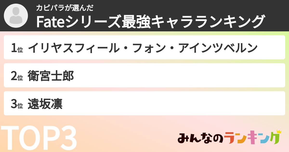 カピパラさんの「Fateシリーズ最強キャラランキング」