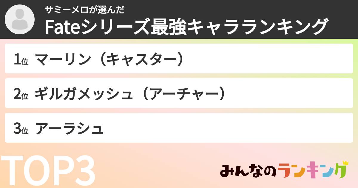 サミーメロさんの「Fateシリーズ最強キャラランキング」