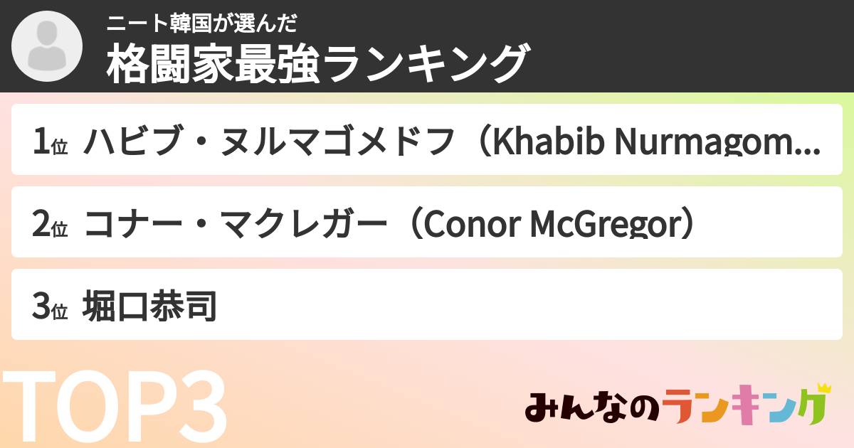ニート韓国さんの「格闘家最強ランキング」