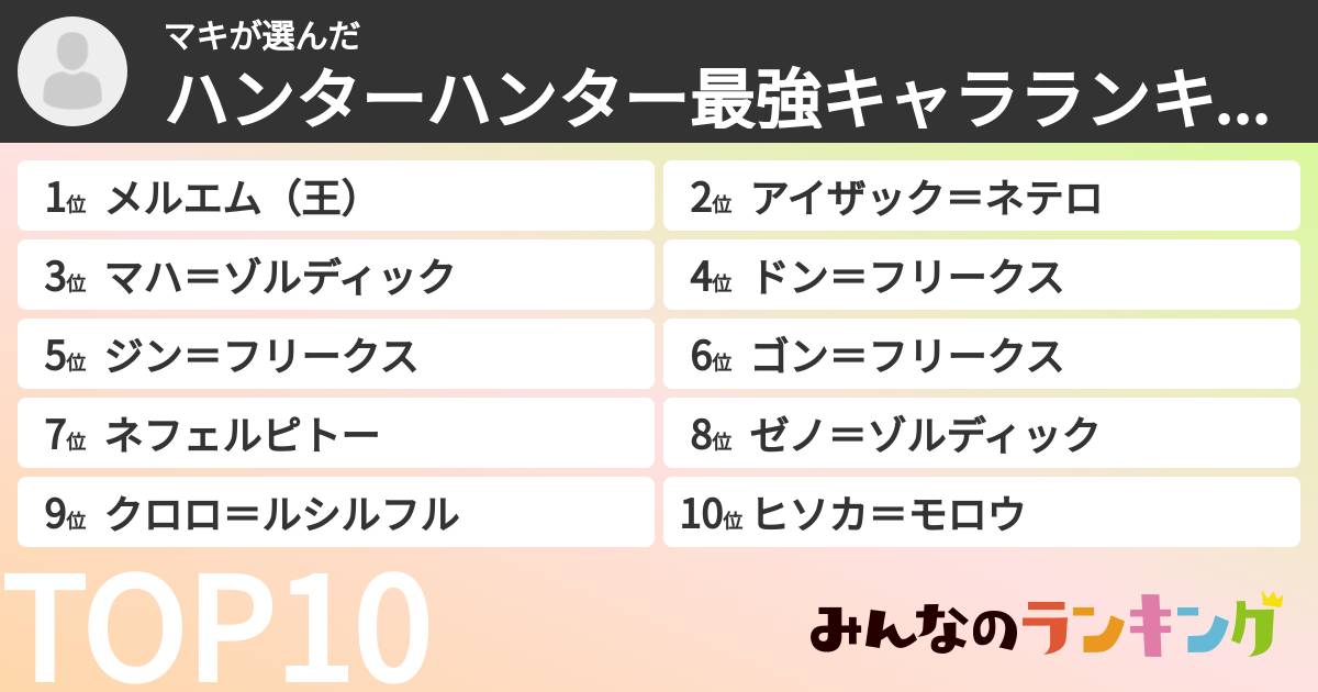マキさんの「ハンターハンター最強キャラランキング」