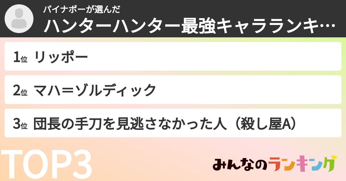 パイナポーさんの「ハンターハンター最強キャラランキング」