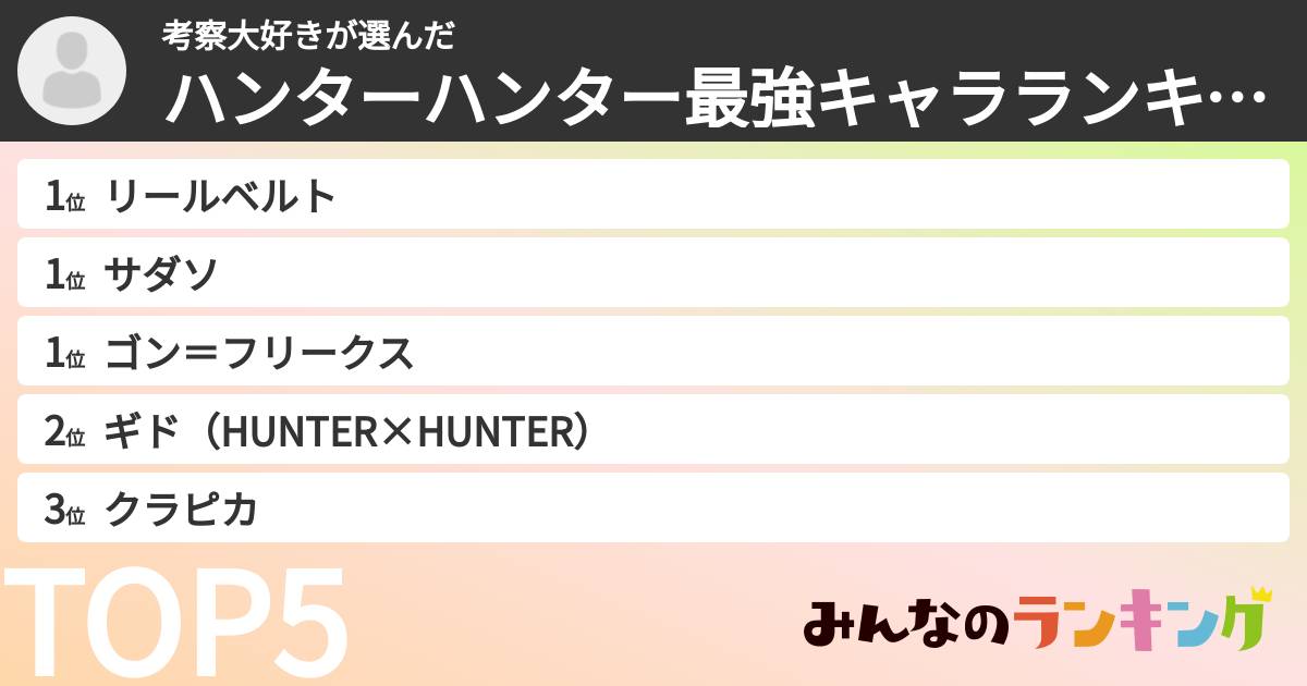 考察大好きさんの「ハンターハンター最強キャラランキング」