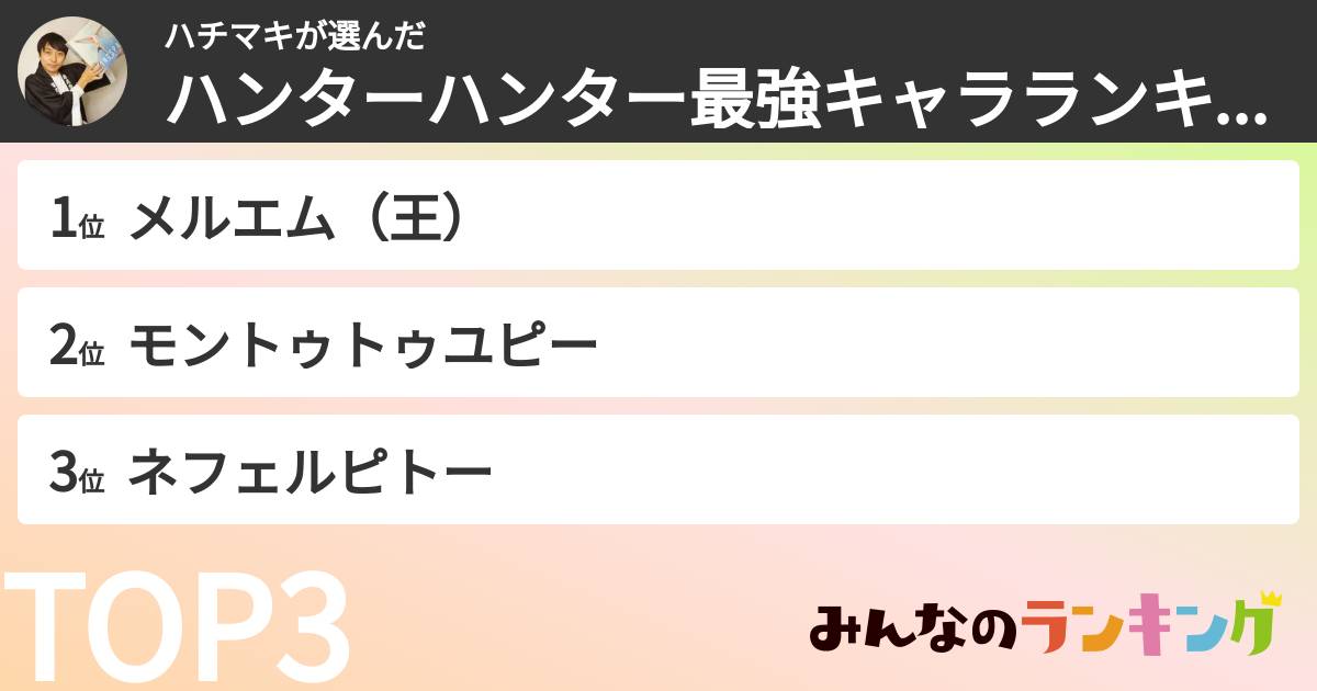 ハチマキさんの「ハンターハンター最強キャラランキング」