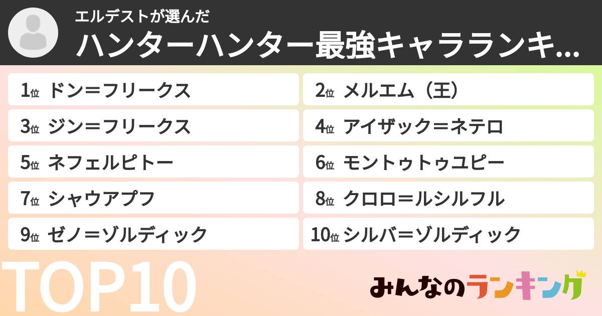 エルデストさんの「ハンターハンター最強キャラランキング」