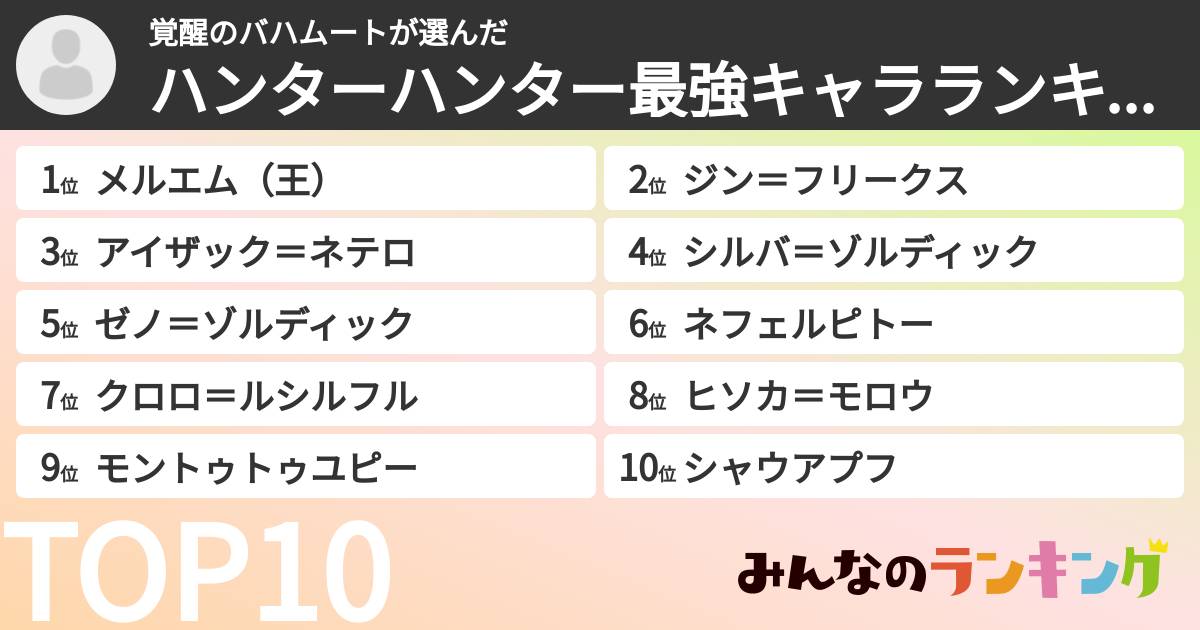 覚醒のバハムートさんの「ハンターハンター最強キャラランキング」