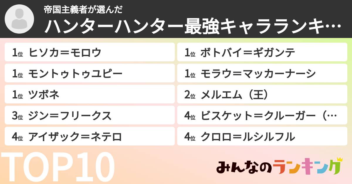 帝国主義者さんの「ハンターハンター最強キャラランキング」