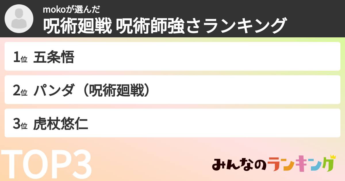 mokoさんの「呪術廻戦 呪術師強さランキング」