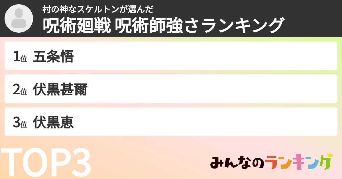 村の神なスケルトンさんの「呪術廻戦 呪術師強さランキング」