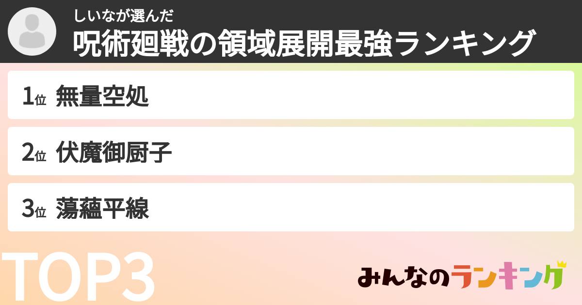 しいなさんの「呪術廻戦の領域展開最強ランキング」