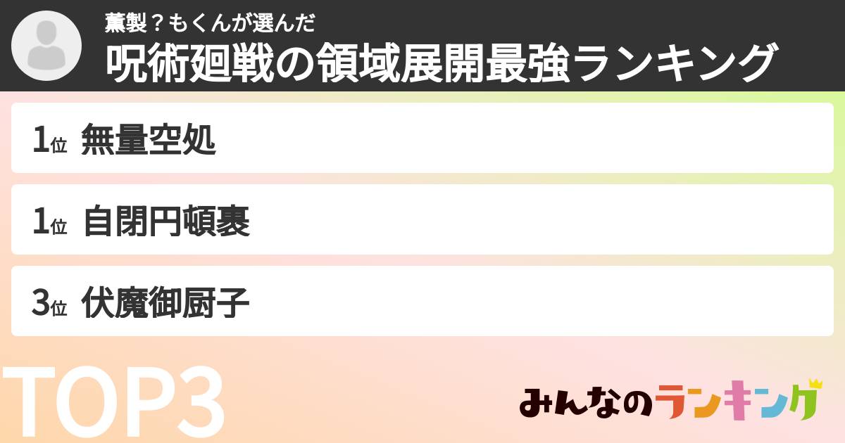 薫製？もくんさんの「呪術廻戦の領域展開最強ランキング」