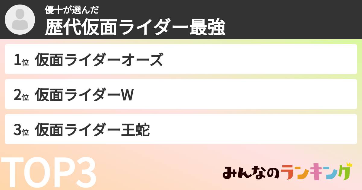 優十さんの「歴代仮面ライダー最強ランキング」