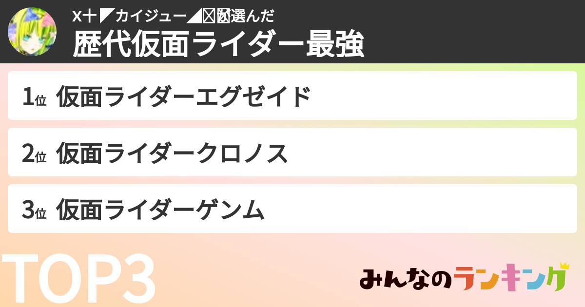 Χ十 ◤カイジュー◢(⃔さんの「歴代仮面ライダー最強ランキング」