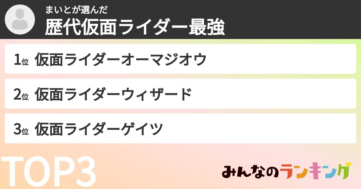 まいとさんの「歴代仮面ライダー最強ランキング」