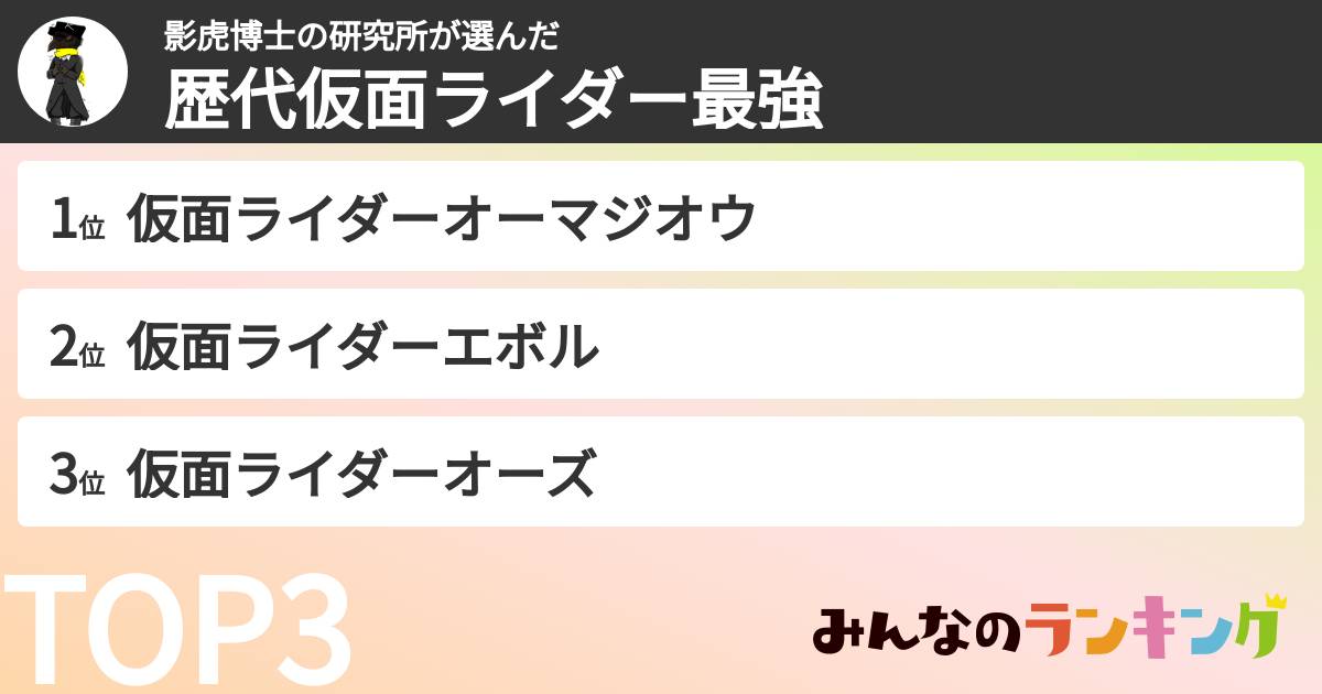 影虎博士の研究所さんの「歴代仮面ライダー最強ランキング」