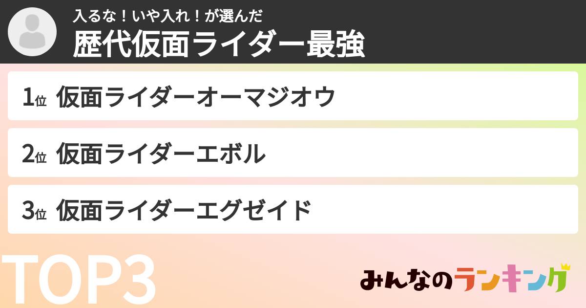 入るな！いや入れ！さんの「歴代仮面ライダー最強ランキング」