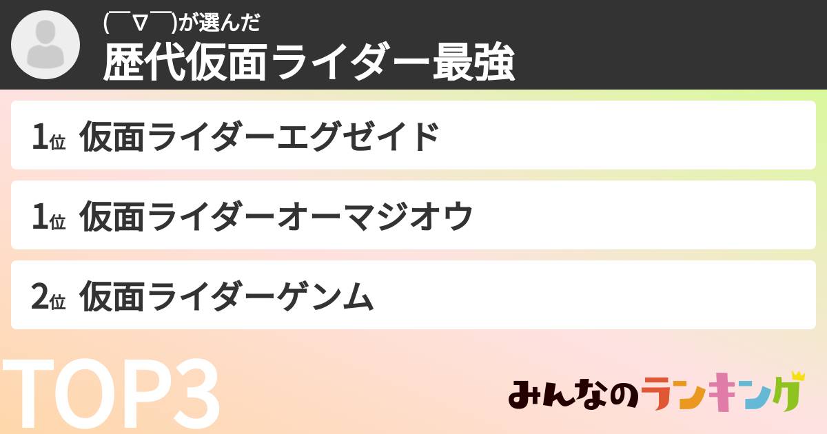 (￣∇￣)さんの「歴代仮面ライダー最強ランキング」
