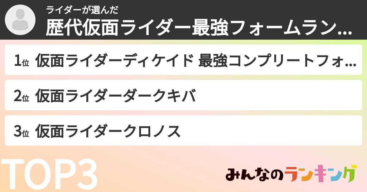 ライダーさんの「歴代仮面ライダー最強フォームランキング」