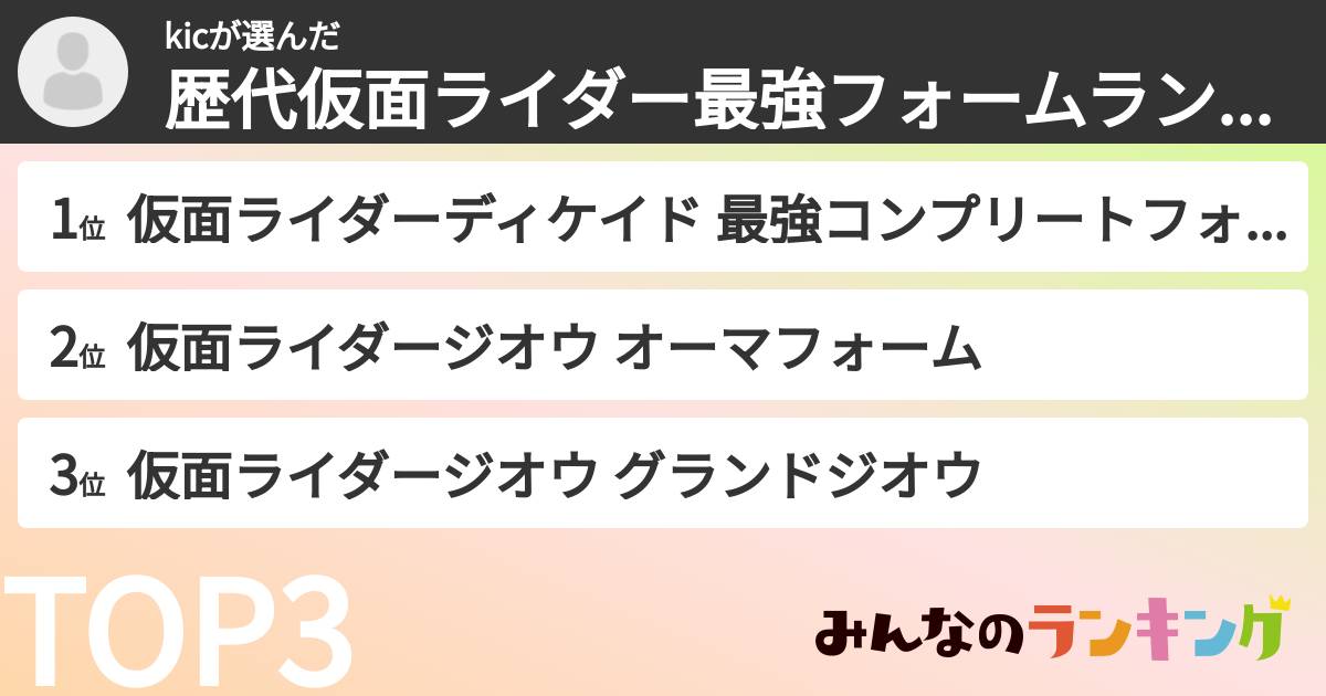 kicさんの「歴代仮面ライダー最強フォームランキング」