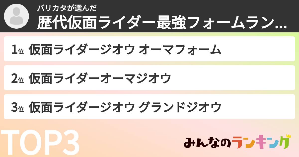 バリカタさんの「歴代仮面ライダー最強フォームランキング」