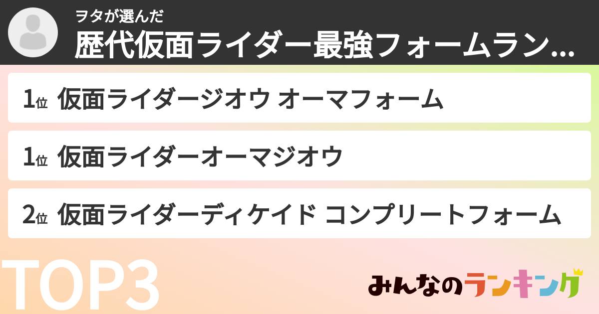 ヲタさんの「歴代仮面ライダー最強フォームランキング」