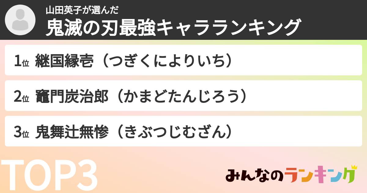 山田英子さんの「鬼滅の刃最強キャラランキング」