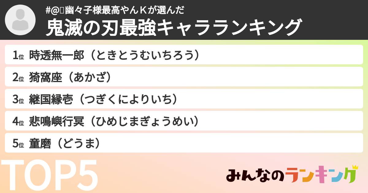 #@🍚幽々子様最高やんＫさんの「鬼滅の刃最強キャラランキング」