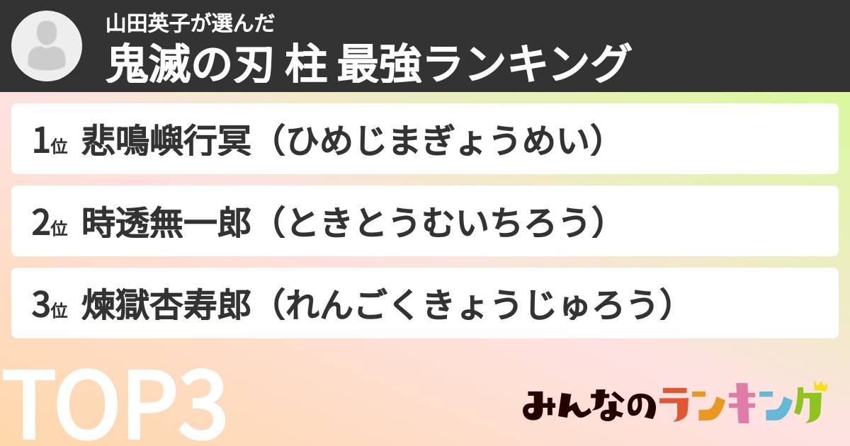 山田英子さんの「鬼滅の刃 柱 最強ランキング」