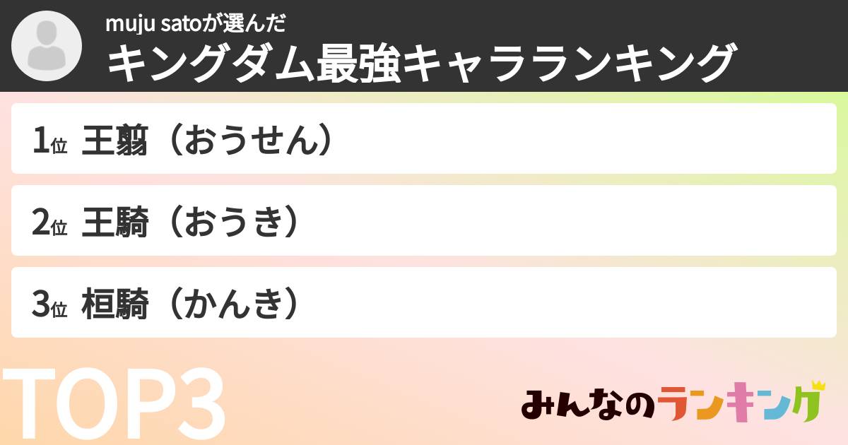 muju satoさんの「キングダム最強キャラランキング」