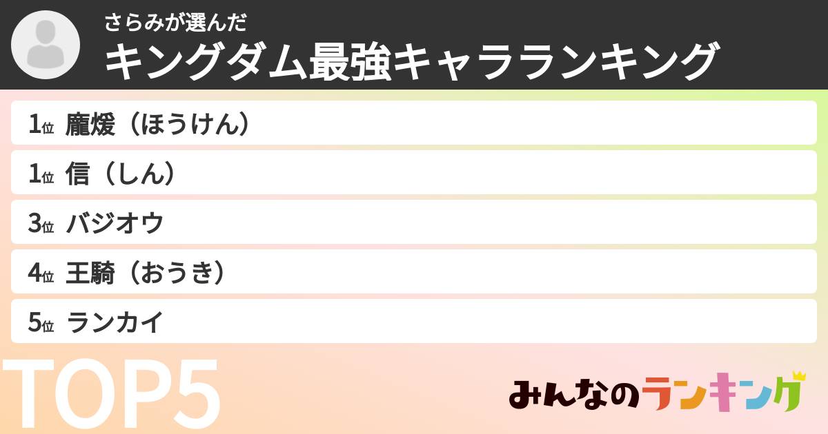 さらみさんの「キングダム最強キャラランキング」