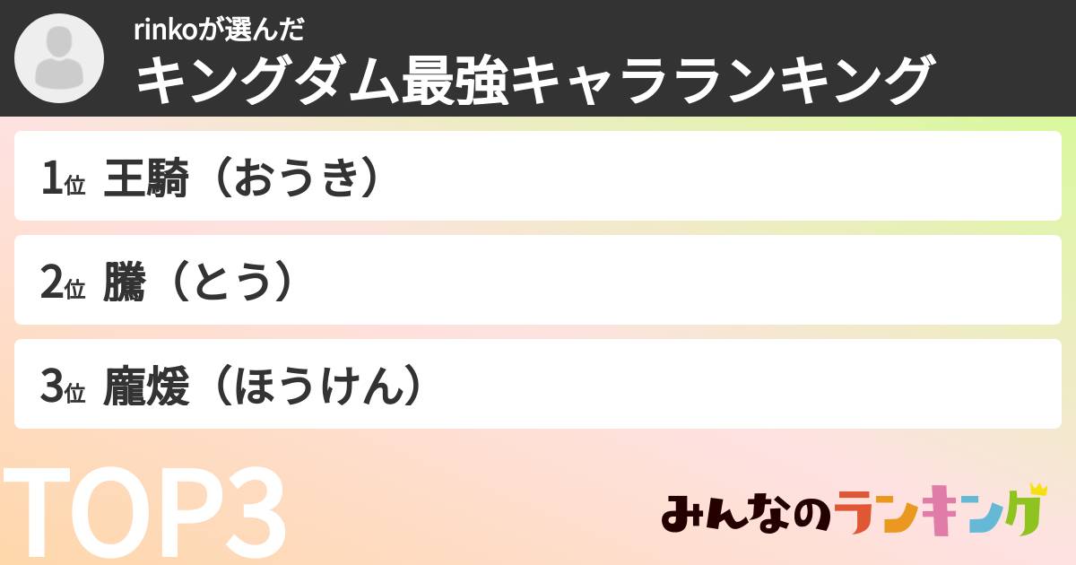 rinkoさんの「キングダム最強キャラランキング」