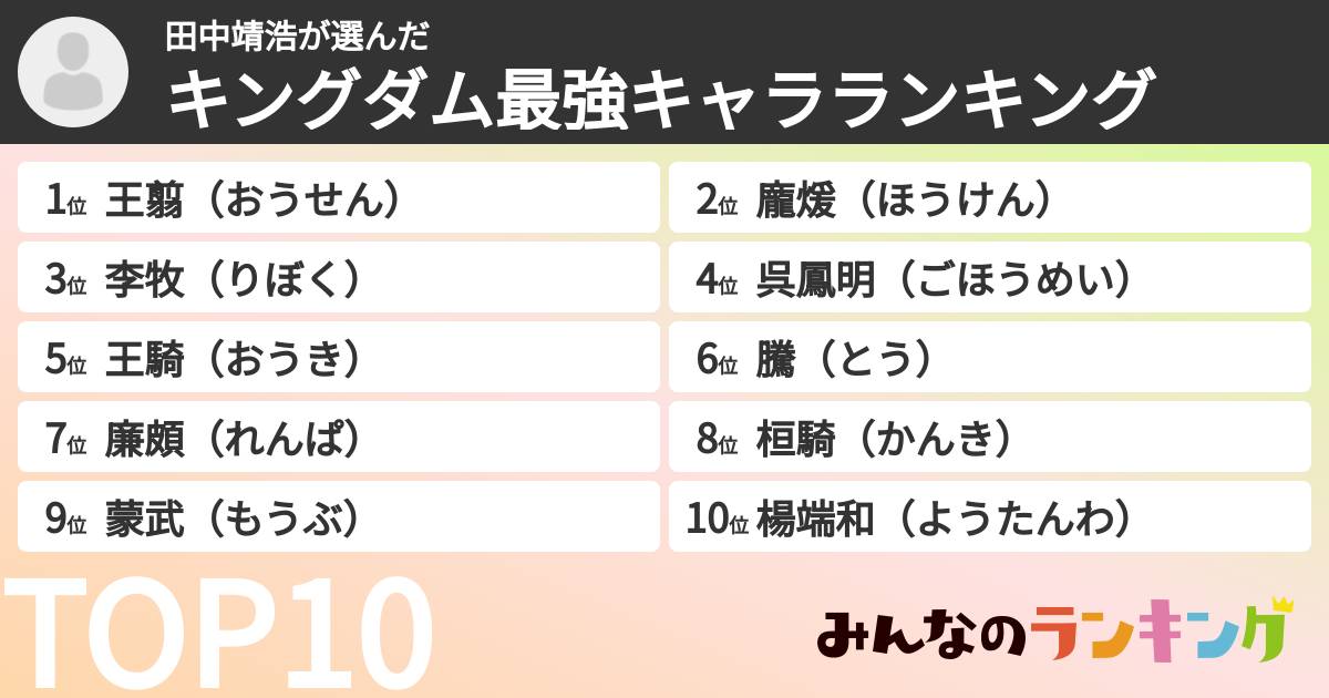 田中靖浩さんの「キングダム最強キャラランキング」