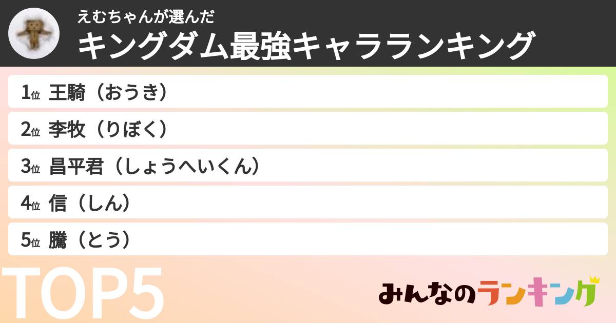 えむちゃんさんの「キングダム最強キャラランキング」