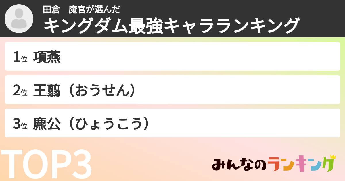 田倉　魔官さんの「キングダム最強キャラランキング」